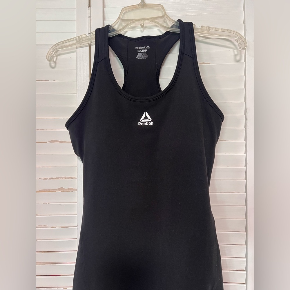 Reebok Black Racerback Tank in heavy weight  spandex wick- built-in support bra